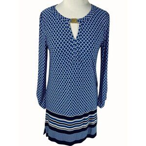 Anne Klein Womens Small Blue Keyhole Tunic Blouse Gold Accent Geometric Print